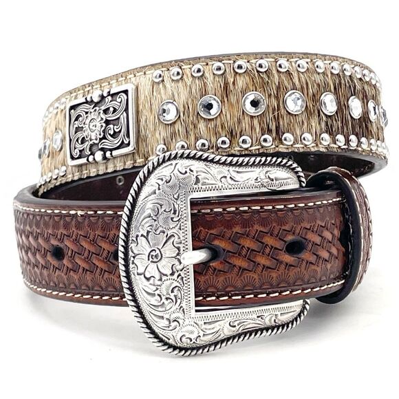 Nocona Brown Tooled Leather Belt Hair-On Cowhide Rhinestone Boho Western Size 28 main image 9